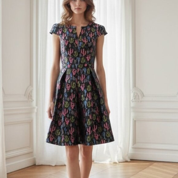 Modcloth Black Cactus Print Fit & Flare Novelty Dress 6 - Picture 1 of 8